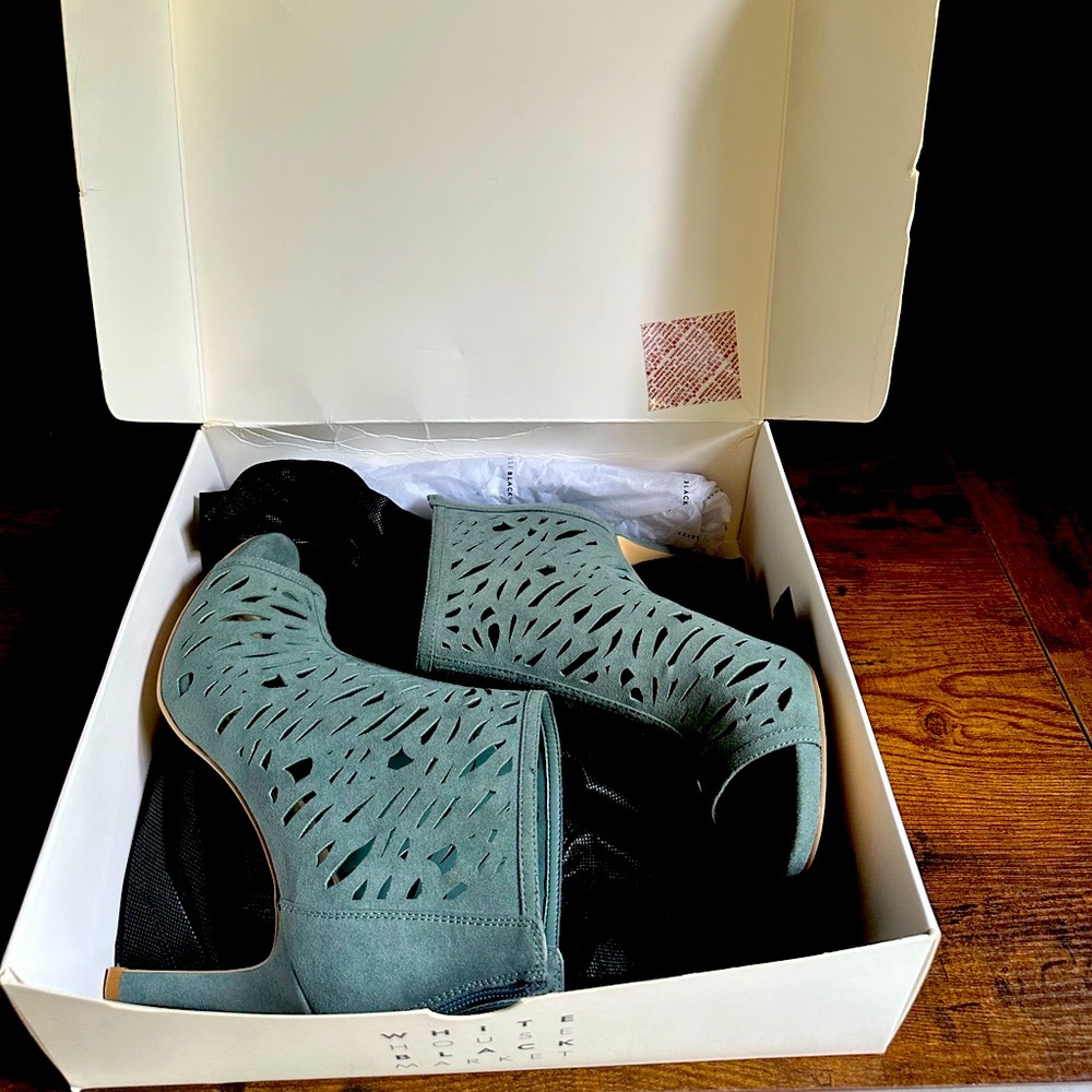 WHBM Laser cutout Dusty Teal High Heel Bootie Size 7.5